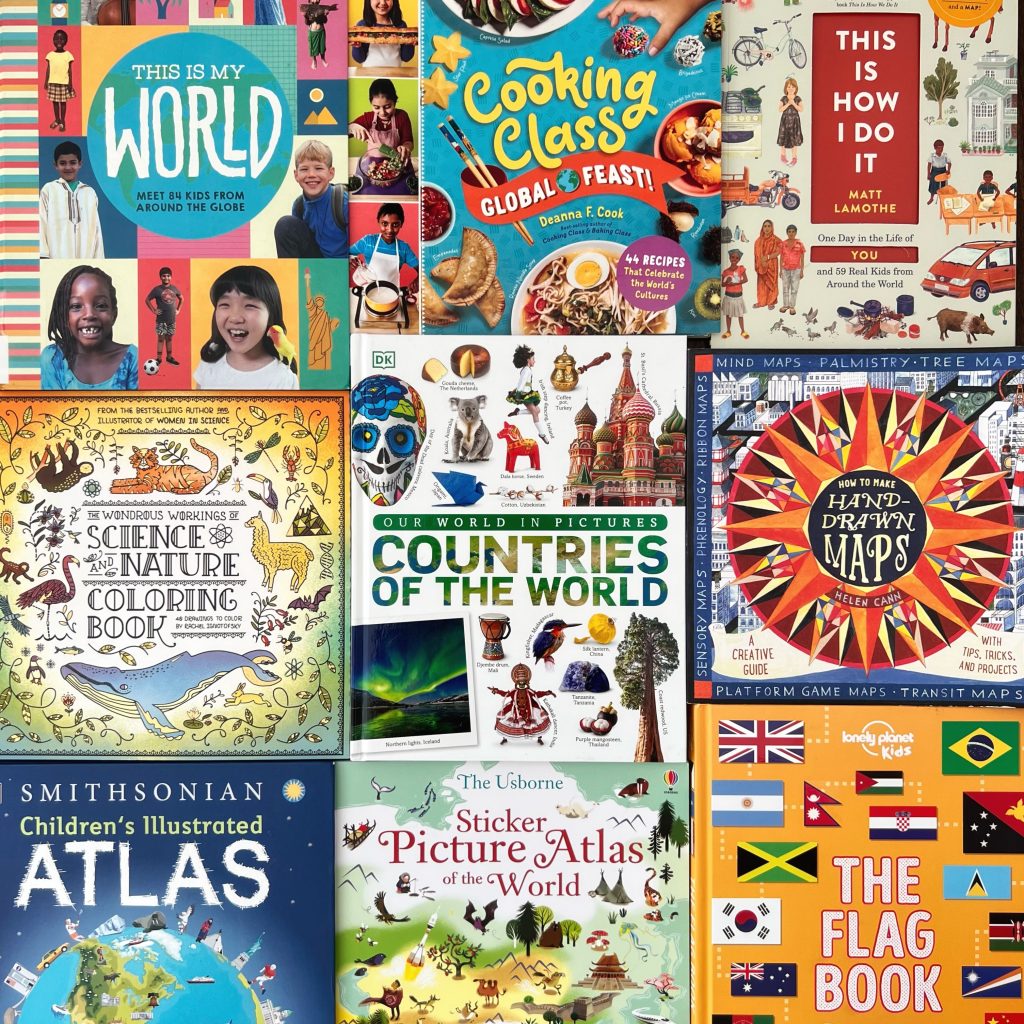 global explorers curriculum books and resources including DK Countries of the World, How to Make Hand-Drawn Maps, Cooking Class: Global Feast, The Flag Book, Smithsonian Children's Illustrated Atlas, and The Wondrous Workings of Science and Nature Coloring Book
