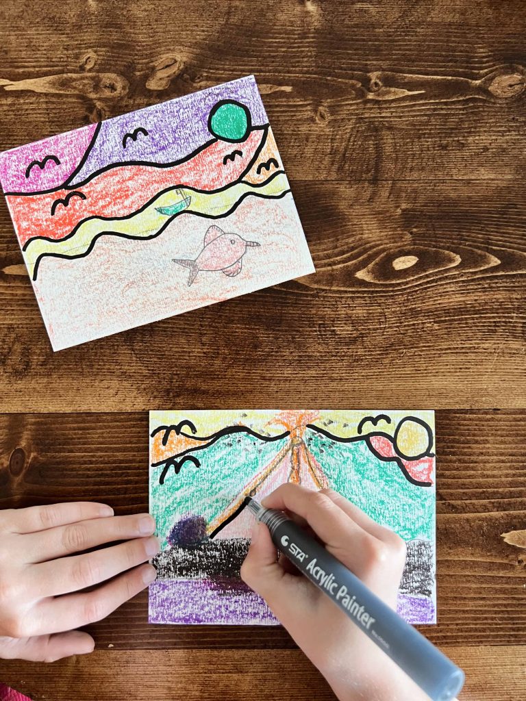 Ted Harrison art project for kids: Beeswax crayon drawings