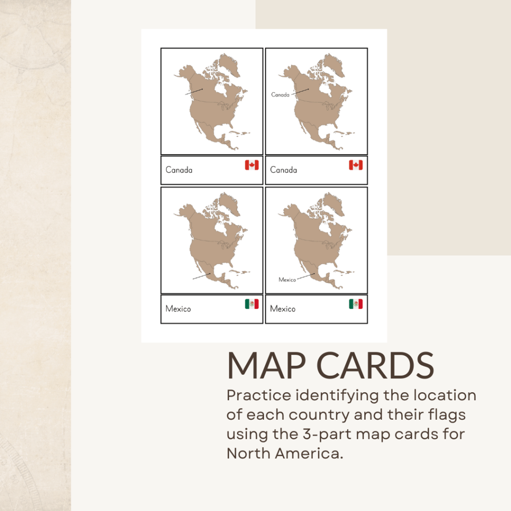 Practice identifying the location of each country and their flags using Montessori 3-part map cards for North America. 