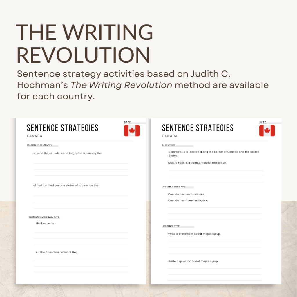 Sentence strategy activities based on Judith C. Hochman's The Writing Revolution method are available for each country that's included in the Global Explorers Club: North America curriculum. 