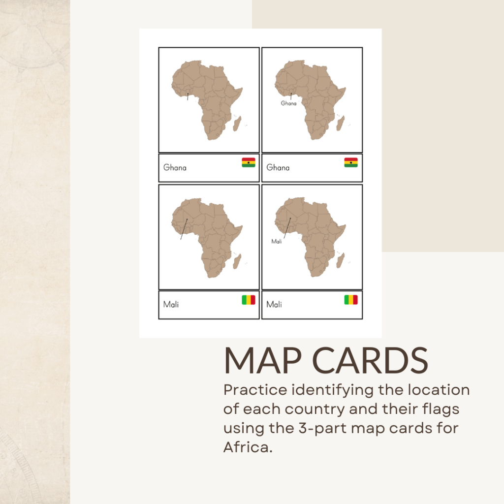 The Global Explorers Club includes Montessori-inspired 3-part map cards that allow students to practice identifying the location of each country and their flags using various activities. 