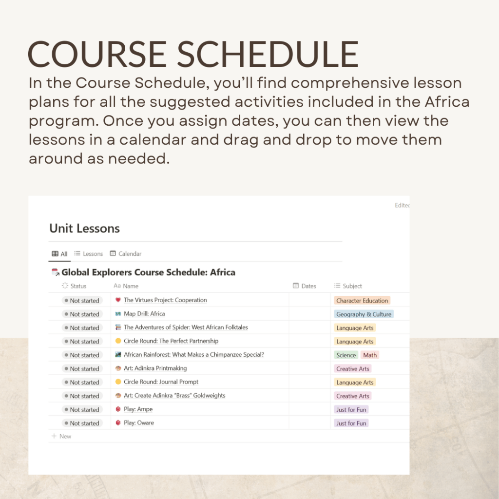 The Global Explorers Club utilizes Notion to make your homeschool curriculum planning and record-keeping a breeze! The course schedule includes comprehensive lesson plans for each unit study. 