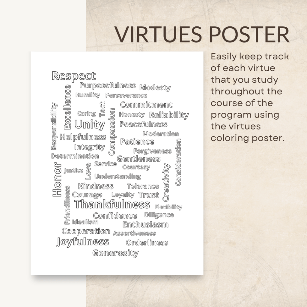 The Global Explorers Club includes character education as part of its curriculum, where students will learn about a new virtue during each country unit study. They can use this virtues coloring poster to keep track of the virtues they've learned about along the way. 