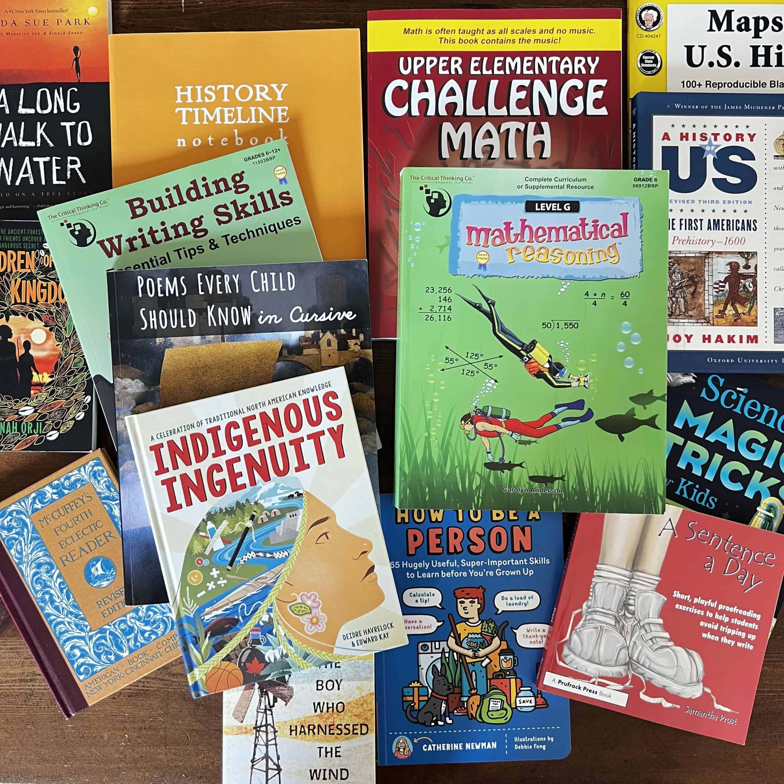 Image displaying a detailed 5th grade homeschool curriculum, highlighting various subjects and activities to create an engaging and comprehensive learning experience, including Joy Hakim's A History of US, the Global Explorers Club's Africa unit study, United Stories: An American History Homeschool Curriculum, Mathematical Reasoning by the Critical Thinking Co., and more.