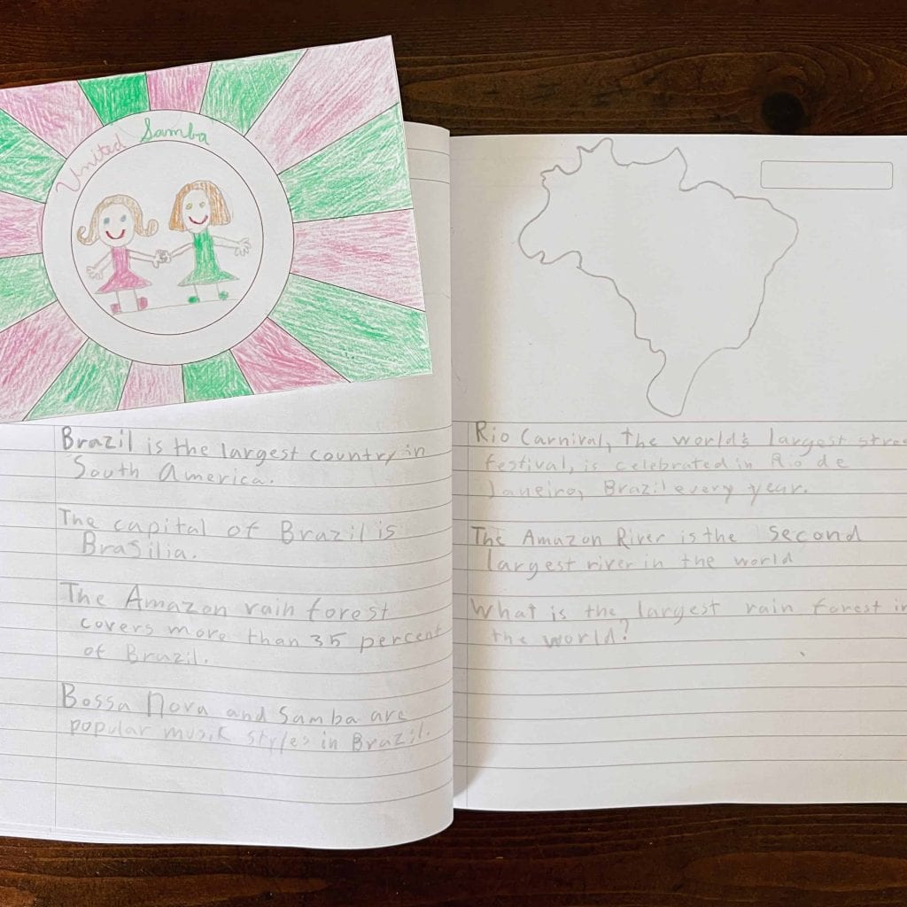 Brazil unit study, featuring The Writing Revolution sentence strategies and a Samba flag, a fun geography homeschool notebooking activity for kids