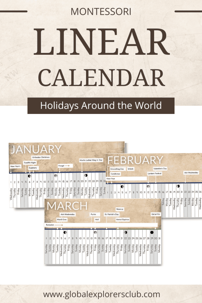 Grab our free Montessori-inspired 2025 Linear Calendar. Featuring holidays from around the world, it's a fun, hands-on learning tool for children. Find out more at www.globalexplorersclub.com. 
