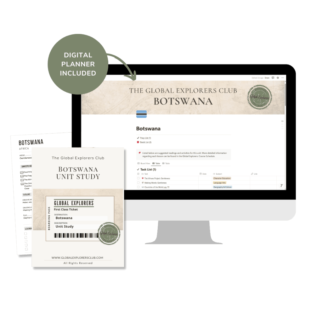 Botswana Africa unit study, part of the Global Explorers Club's world geography homeschool curriculum