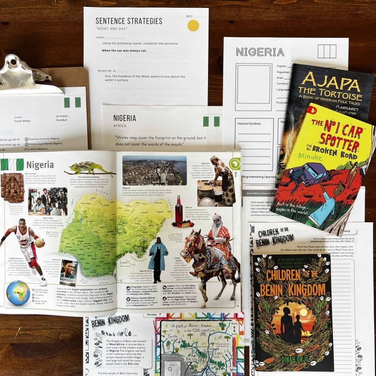 Nigeria unit study, part of the Global Explorers Club's literature-based homeschool geography curriculum featuring hands-on cultural activities for kids.