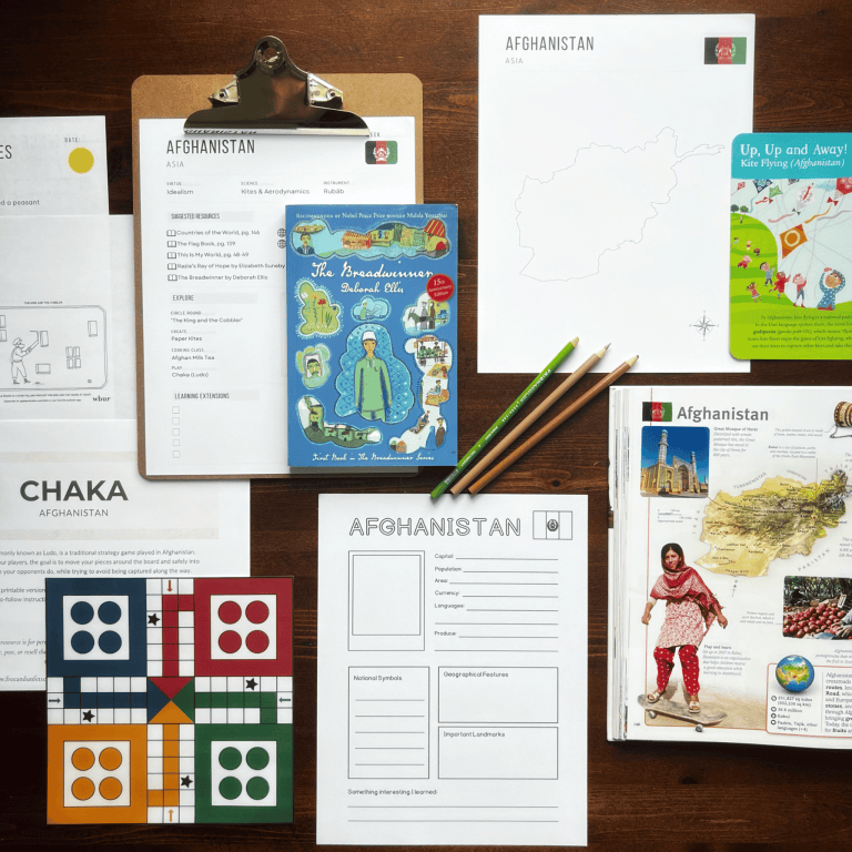 Afghanistan Unit Study, part of the Global Explorers Club's literature-based geography curriculum with cultural activities for kids, including The Writing Revolution resources, Circle Round folk tales, The Breadwinner, mapwork and notebooking, and more