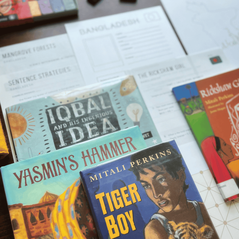 Bangladesh Unit Study, part of the Global Explorers Club's literature-based geography curriculum with cultural activities for kids, including The Writing Revolution resources, Circle Round folk tales, plus middle-grade novels Rickshaw Girl and Tiger Boy, written by Mitali Perkins