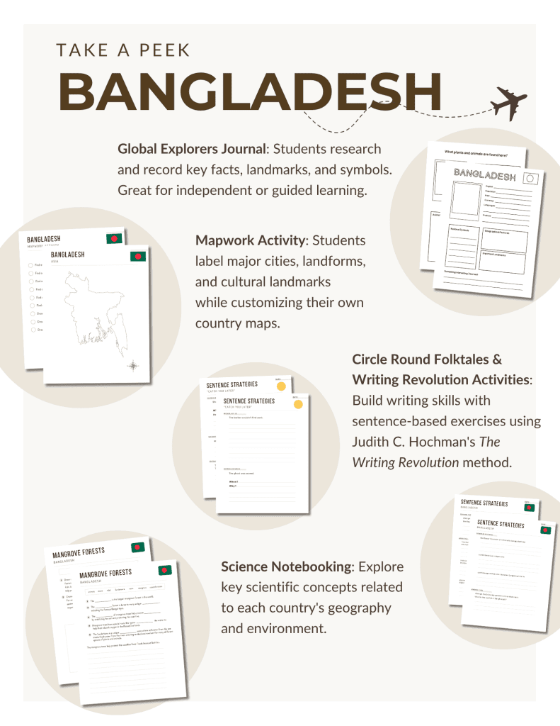 Bangladesh Unit Study preview, part of the Global Explorers Club's literature-based geography curriculum featuring hands-on cultural activities for kids