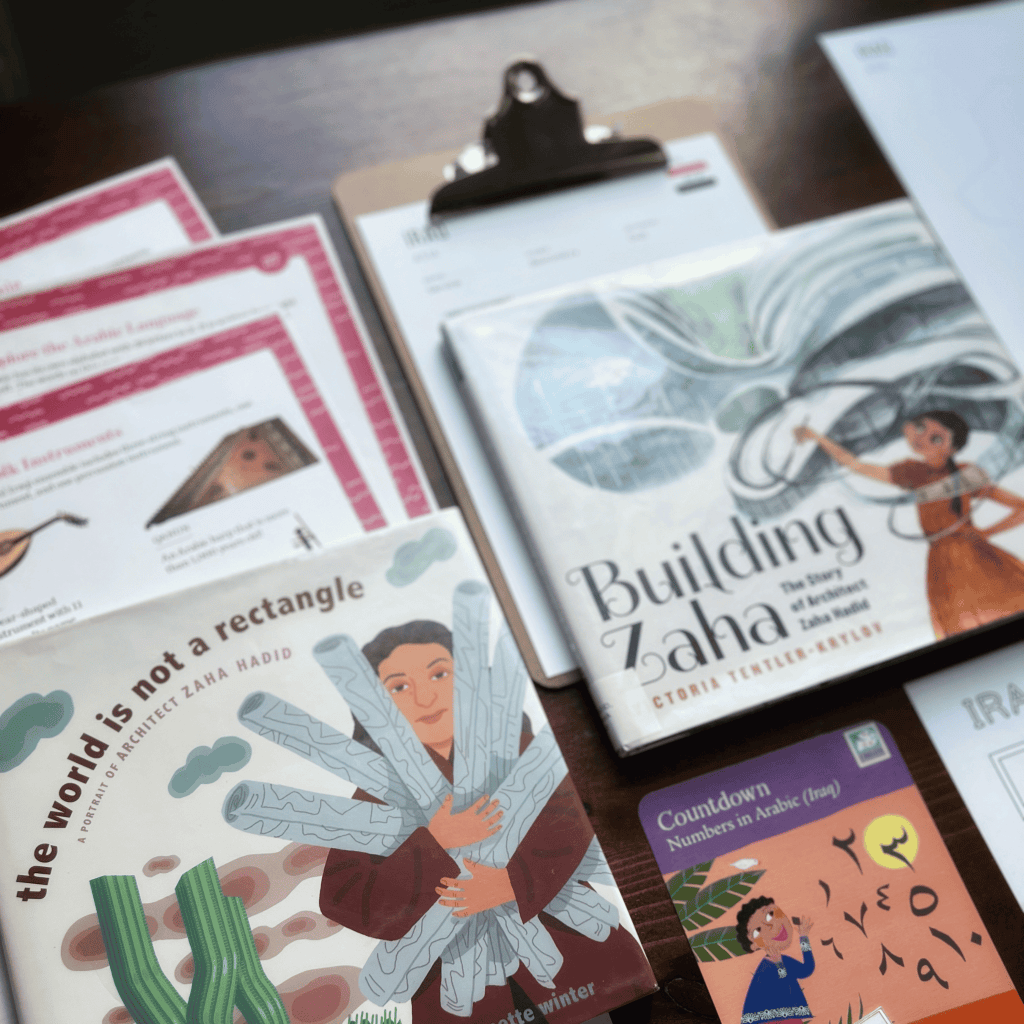 Iraq Unit Study, part of the Global Explorers Club's literature-based geography curriculum with cultural activities for kids, including The Writing Revolution resources, Circle Round folk tales, mapwork and geography, and books like The Librarian of Basra and Building Zaha: The Story of Architect Zaha Hadid
