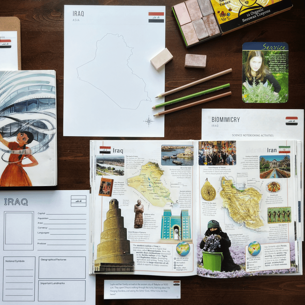 Iraq Unit Study, part of the Global Explorers Club's literature-based geography curriculum with cultural activities for kids, including The Writing Revolution resources, Circle Round folk tales, mapwork and geography, and books like The Librarian of Basra and Building Zaha: The Story of Architect Zaha Hadid