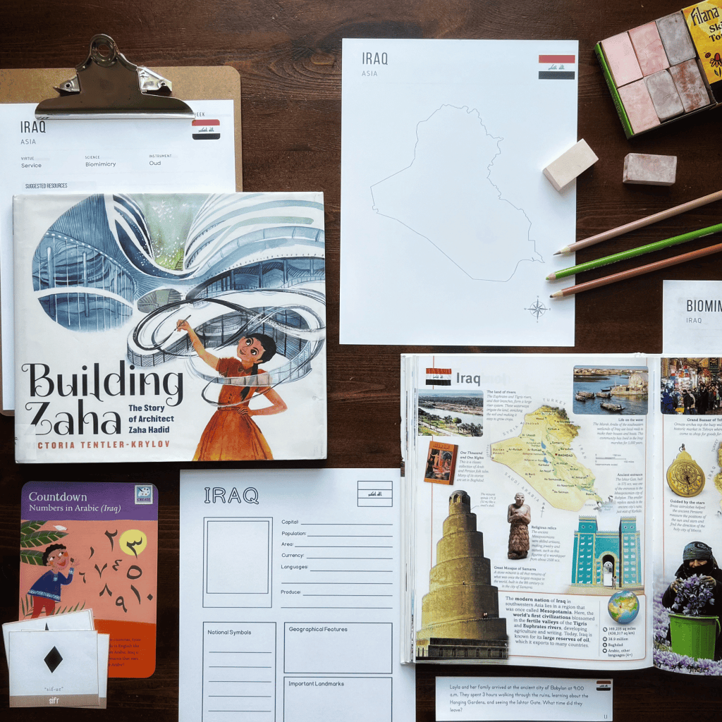 Iraq Unit Study, part of the Global Explorers Club's literature-based geography curriculum with cultural activities for kids, including The Writing Revolution resources, Circle Round folk tales, mapwork and geography, and books like The Librarian of Basra and Building Zaha: The Story of Architect Zaha Hadid