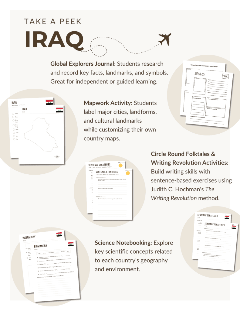 Preview of our Iraq Unit Study, part of the Global Explorers Club's literature-based geography curriculum featuring hands-on cultural activities for kids
