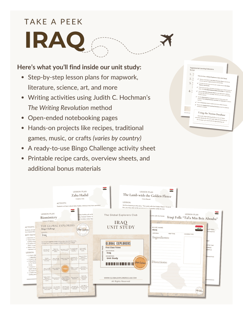 Preview of our Iraq Unit Study, part of the Global Explorers Club's literature-based geography curriculum featuring hands-on cultural activities for kids
