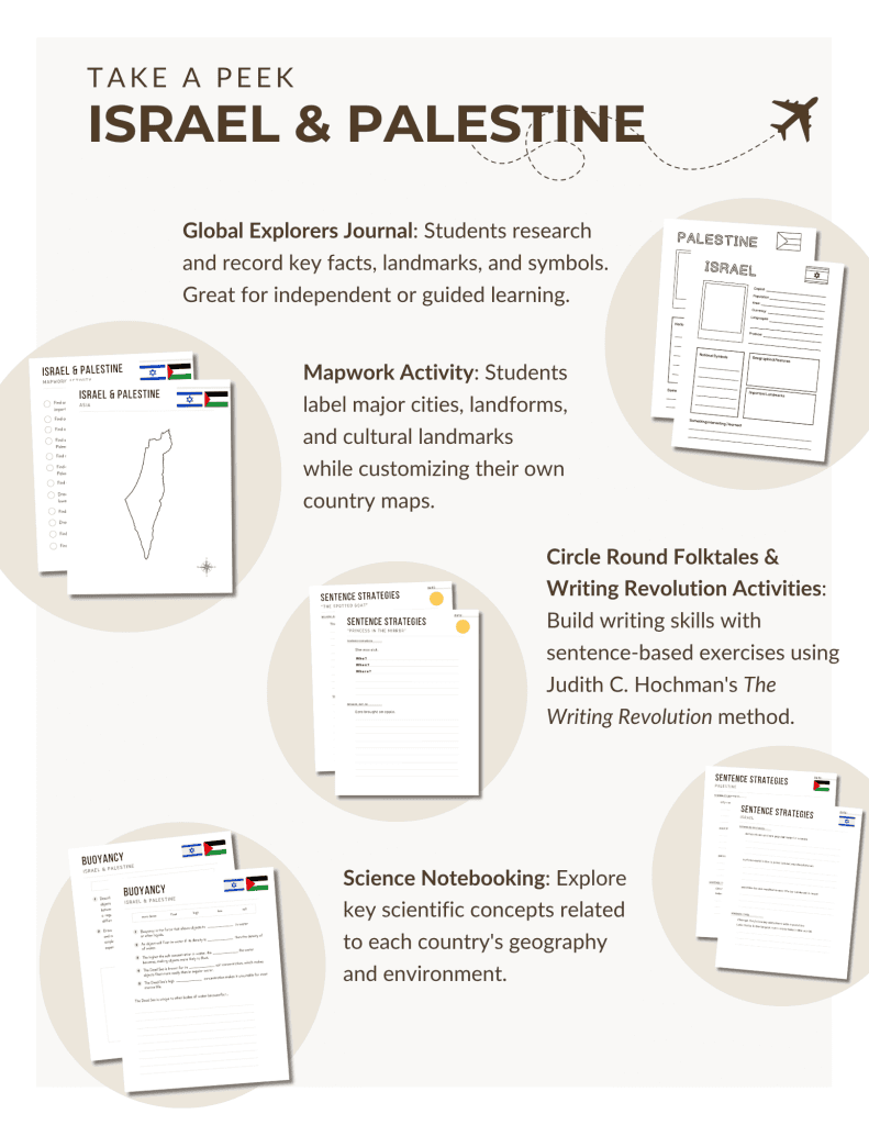 Preview of our Israel & Palestine Unit Study, part of the Global Explorers Club's homeschool geography curriculum featuring hands-on cultural activities for kids