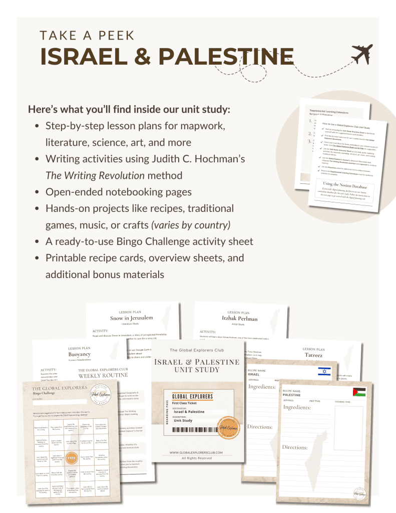 Preview of our Israel & Palestine Unit Study, part of the Global Explorers Club's homeschool geography curriculum featuring hands-on cultural activities for kids