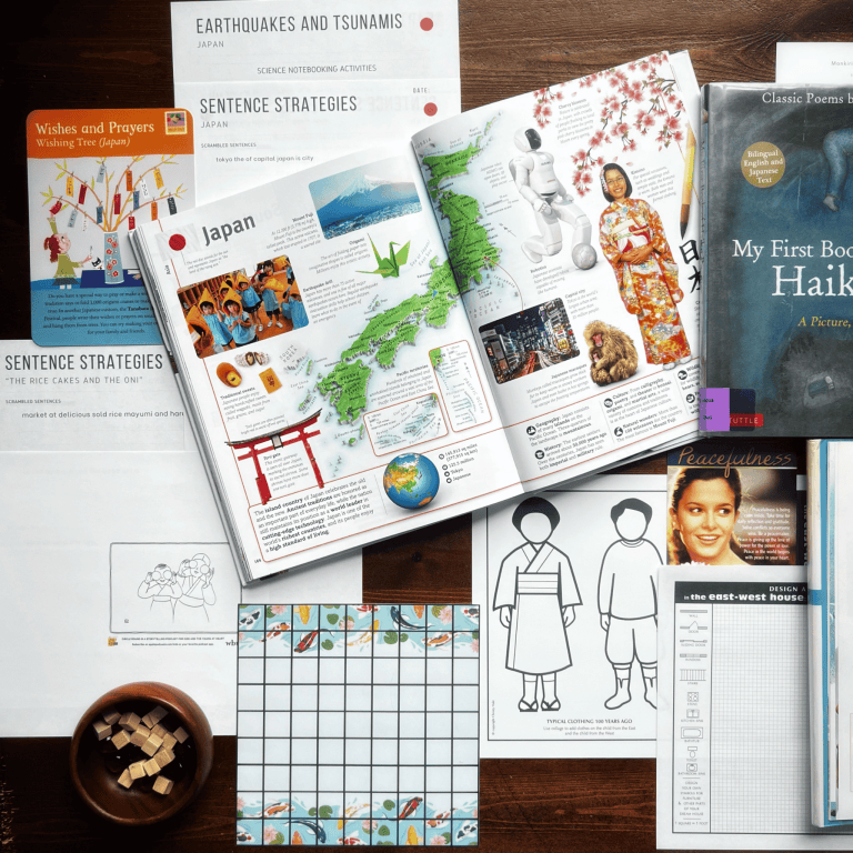 Japan Unit Study, part of the Global Explorers Club's literature-based geography curriculum with cultural activities for kids, including The Writing Revolution resources, Circle Round folk tales, mapwork and notebooking, traditional games and recipes, and more.