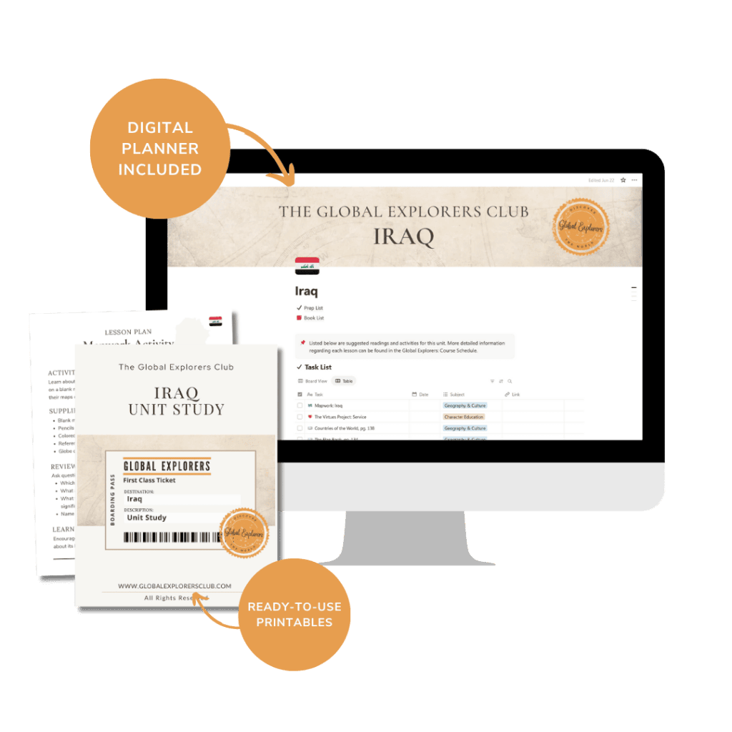 Our Iraq unit study homeschool resource includes a digital planner plus ready-to-use printable lesson plans and cultural activities for kids. 