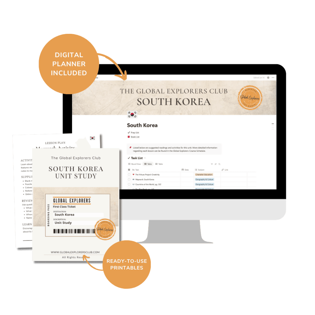 Our South Korea unit study homeschool resource includes a digital planner plus ready-to-use printable lesson plans and cultural activities for kids.