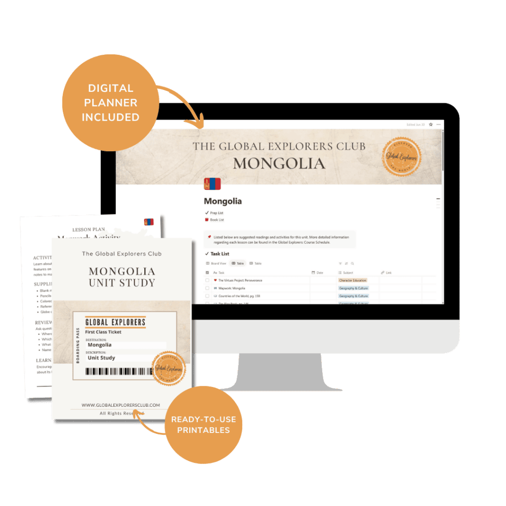 Our Mongolia unit study homeschool resource includes a digital planner plus ready-to-use printable lesson plans and cultural activities for kids.
