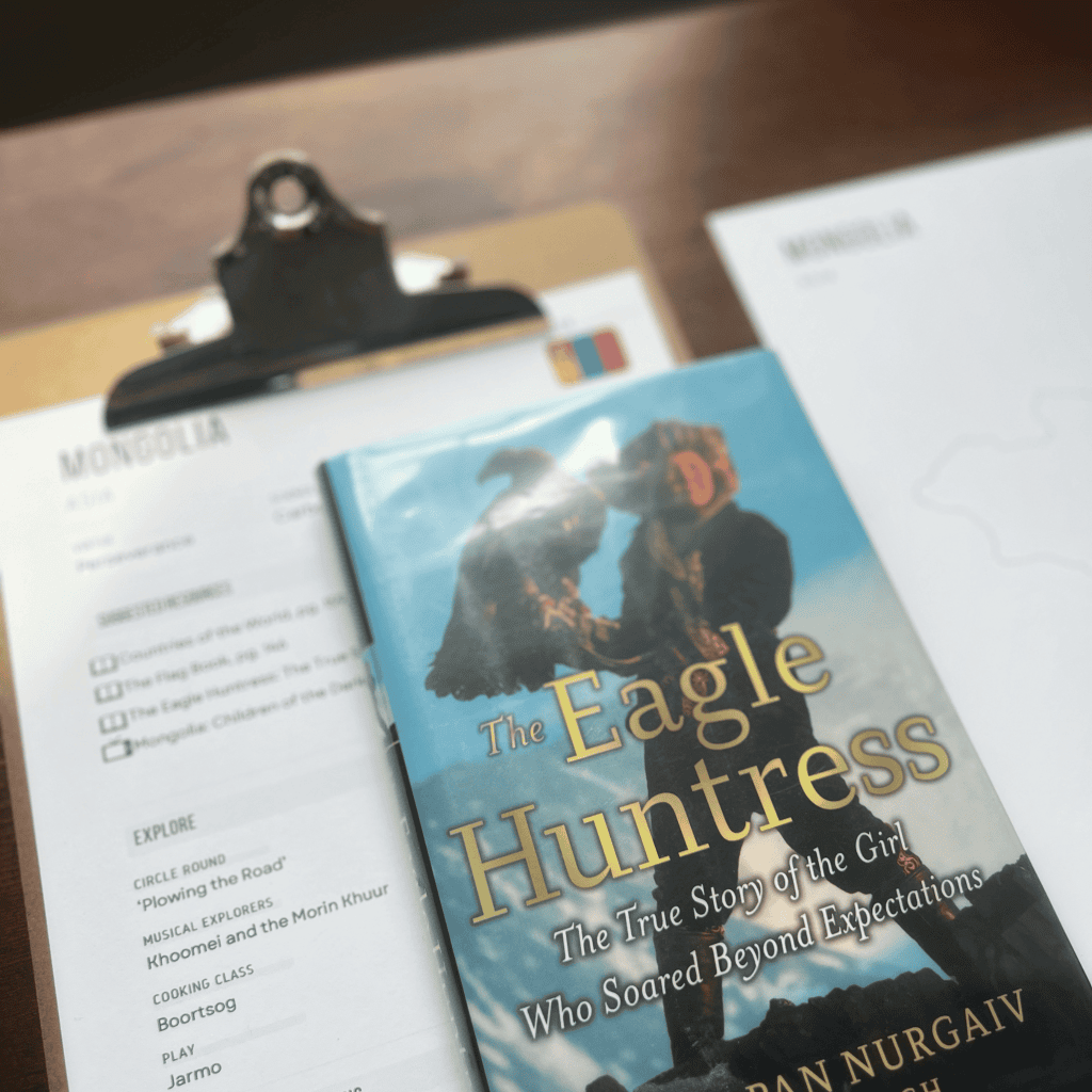 Mongolia Unit Study, part of the Global Explorers Club's literature-based geography curriculum with cultural activities for kids, including the middle-grade novel The Eagle Huntress: The True Story of the Girl Who Soared Beyond Expectations