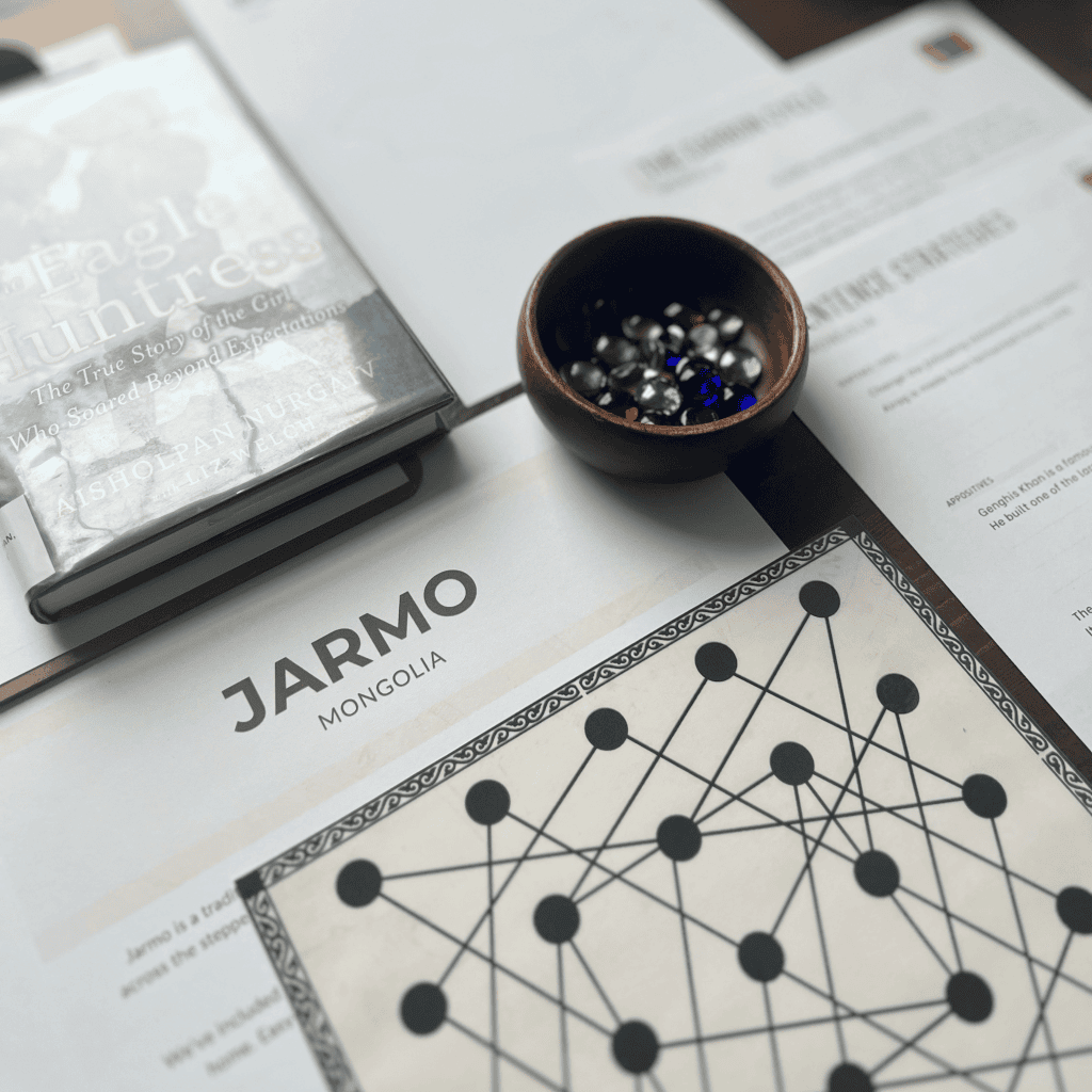 Mongolia Unit Study, part of the Global Explorers Club's literature-based geography curriculum with cultural activities for kids, include the traditional Mongolian game Jarmo