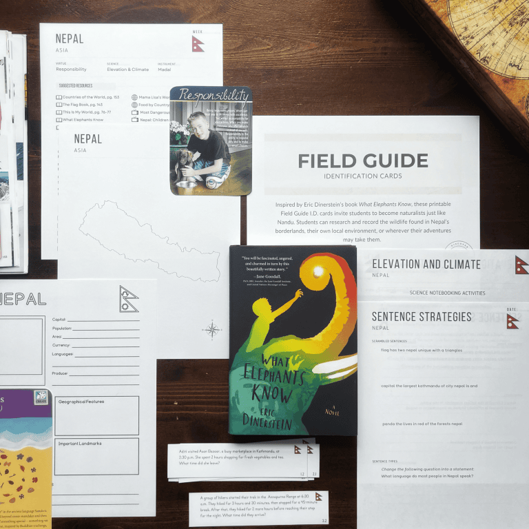 Nepal Unit Study, part of the Global Explorers Club's literature-based geography curriculum with cultural activities for kids, including the Writing Revolution resources, Eric Dinerstein's What Elephants Know, traditional games and recipes, mapwork, notebooking, and more