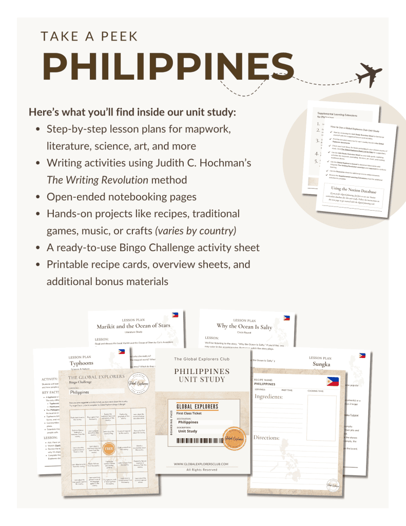 Preview of our Philippines Unit Study, part of the Global Explorers Club's literature-based geography curriculum featuring hands-on cultural activities for kids
