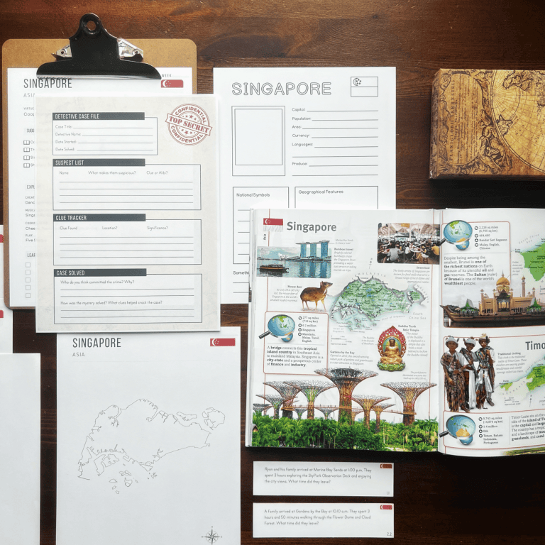 Singapore Unit Study, part of the Global Explorers Club's literature-based geography curriculum with cultural activities for kids, including the Writing Revolution resources, Sherlock Sam, a detective case file, traditional games and recipes, and more.