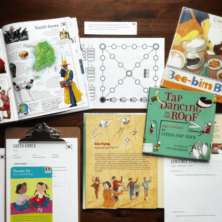 South Korea Unit Study, part of the Global Explorers Club's literature-based geography curriculum with cultural activities for kids, including the Writing Revolution resources, Circle Round folk tales, mapwork and notebooking, Linda Sue Park and Tap Dancing on the Roof: Sijo, traditional games, and more