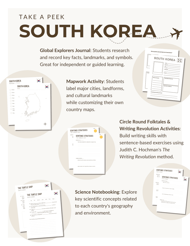Preview of our South Korea Unit Study, part of the Global Explorers Club's literature-based geography curriculum featuring hands-on cultural activities for kids