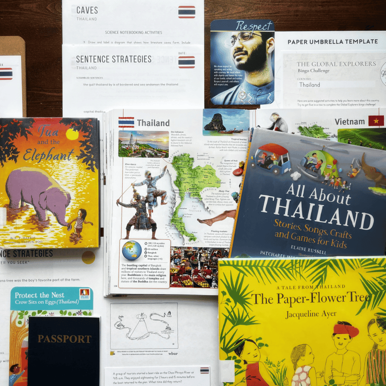 Thailand Unit Study, part of the Global Explorers Club's literature-based geography curriculum with hands-on learning and cultural activities for kids, featuring The Writing Revolution resources, mapwork and notebooking, plus Tua and the Elephant by R.P. Harris