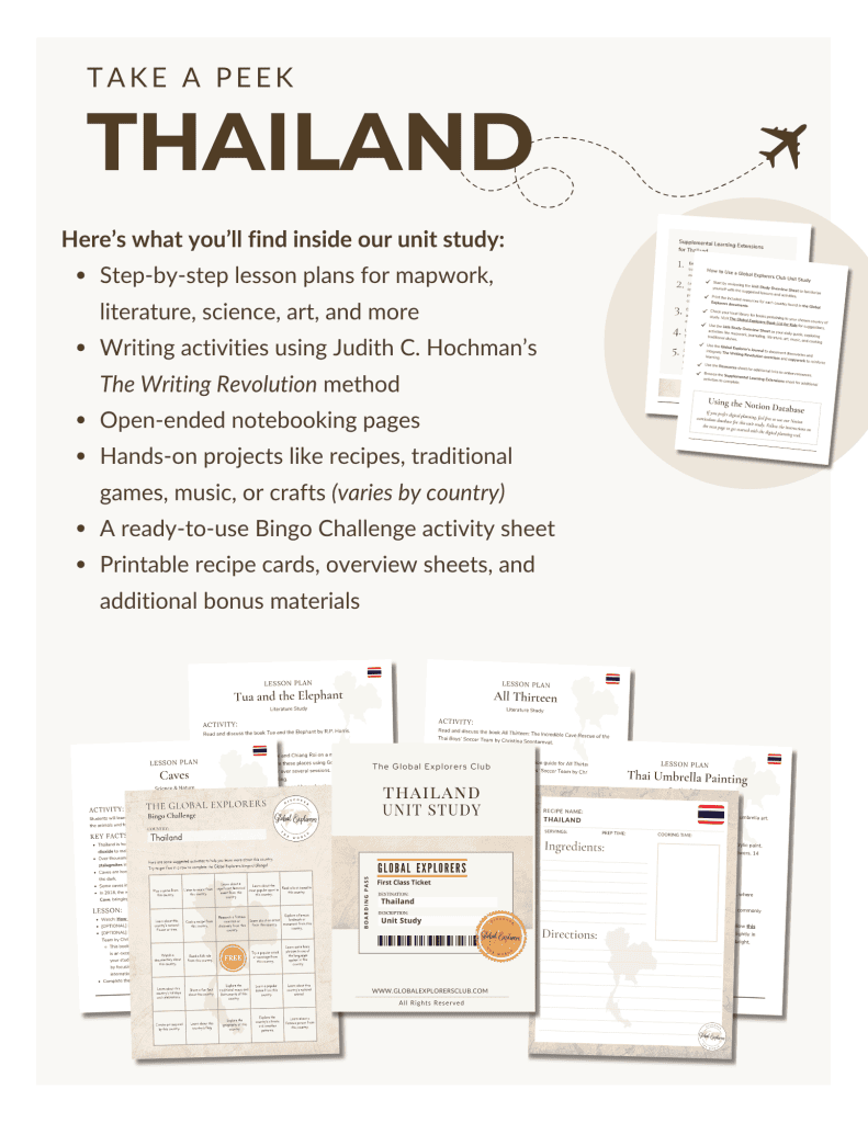 Preview of our Thailand Unit Study, part of the Global Explorers Club's literature-based geography curriculum featuring hands-on cultural activities for kids