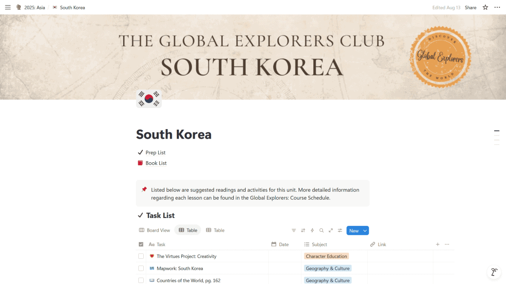 Here’s a peek at the Notion Curriculum Planner. Each country has its own lesson hub, making it easy to stay organized.