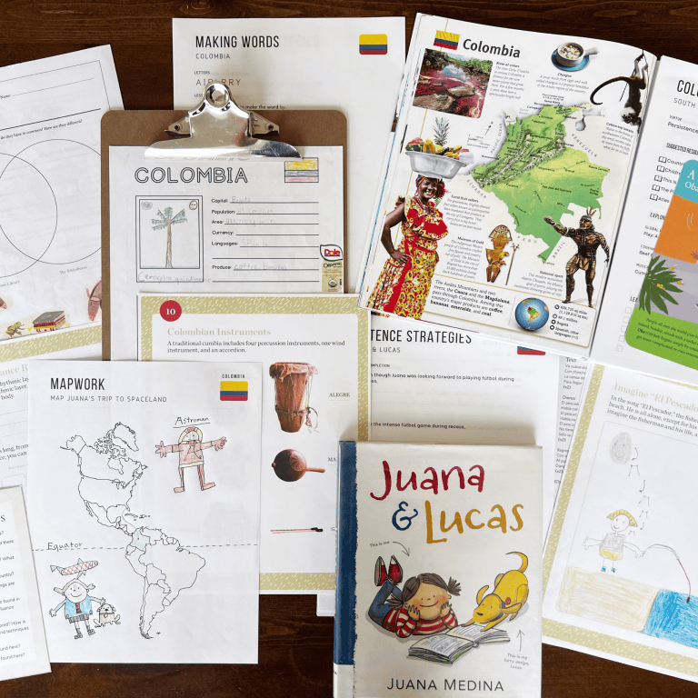 Colombia, South America unit study, featuring Juana & Lucas and Waiting for the Biblioburro literature guides, part of a homeschool geography curriculum and cultural activities for kids