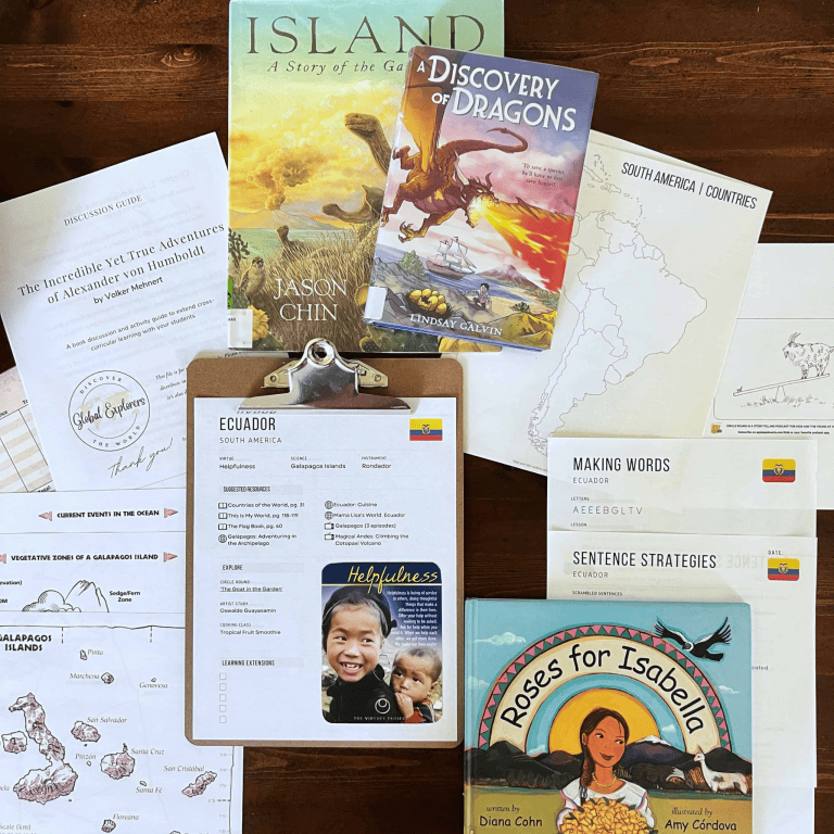 Ecuador, South America unit study, featuring Jason Chin's Island and Lindsay Galvin's A Discovery of Dragons, part of the Global Explorers Club's literature-based homeschool geography curriculum and cultural activities for kids