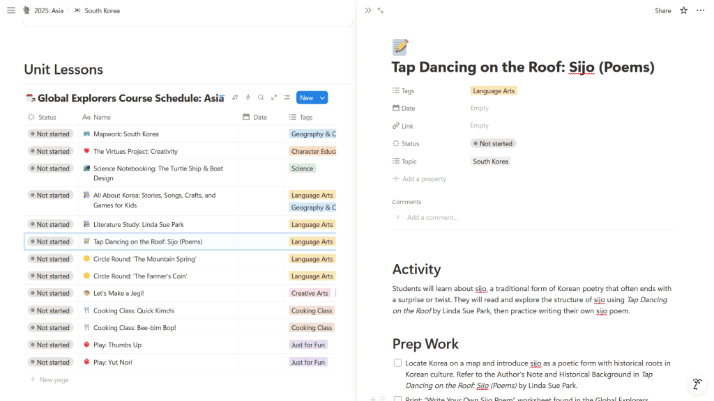 Toggle between lessons with ease! Each country’s unit study comes fully loaded in the Notion Curriculum Planner—just open the week’s plan, expand the lesson you want, and go. Everything is organized and editable, giving you the structure you need with the flexibility you want.