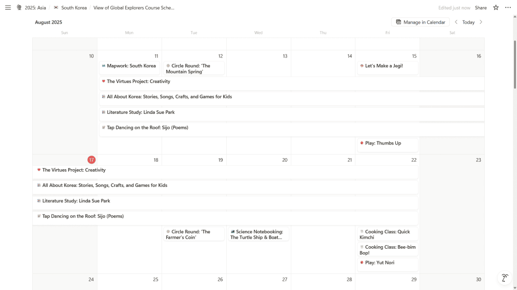 Here’s a peek at the Notion Curriculum Planner included with our geography homeschool curriculum unit studies. Each country has its own lesson hub, making it easy to stay organized. The calendar view allows you to drag-and-drop the included lessons on the days that work best for you, and move them around as needed, ensuring the ultimately planning flexibility for your family.