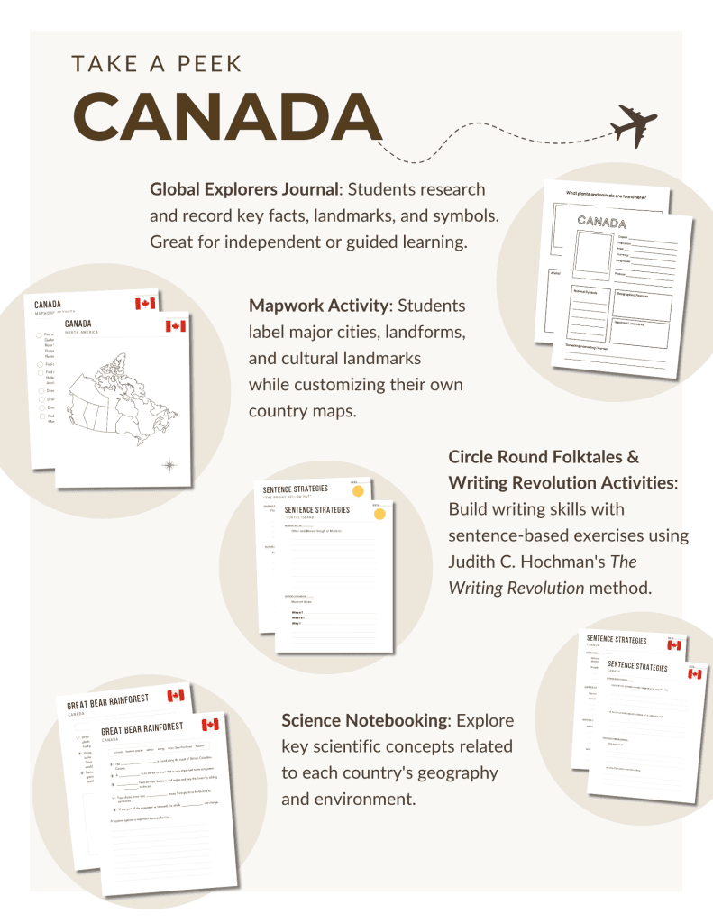 Canada unit study, featuring mapwork activities, notebooking pages, Circle Round folk tales, The Writing Revolution sentence activities, and more