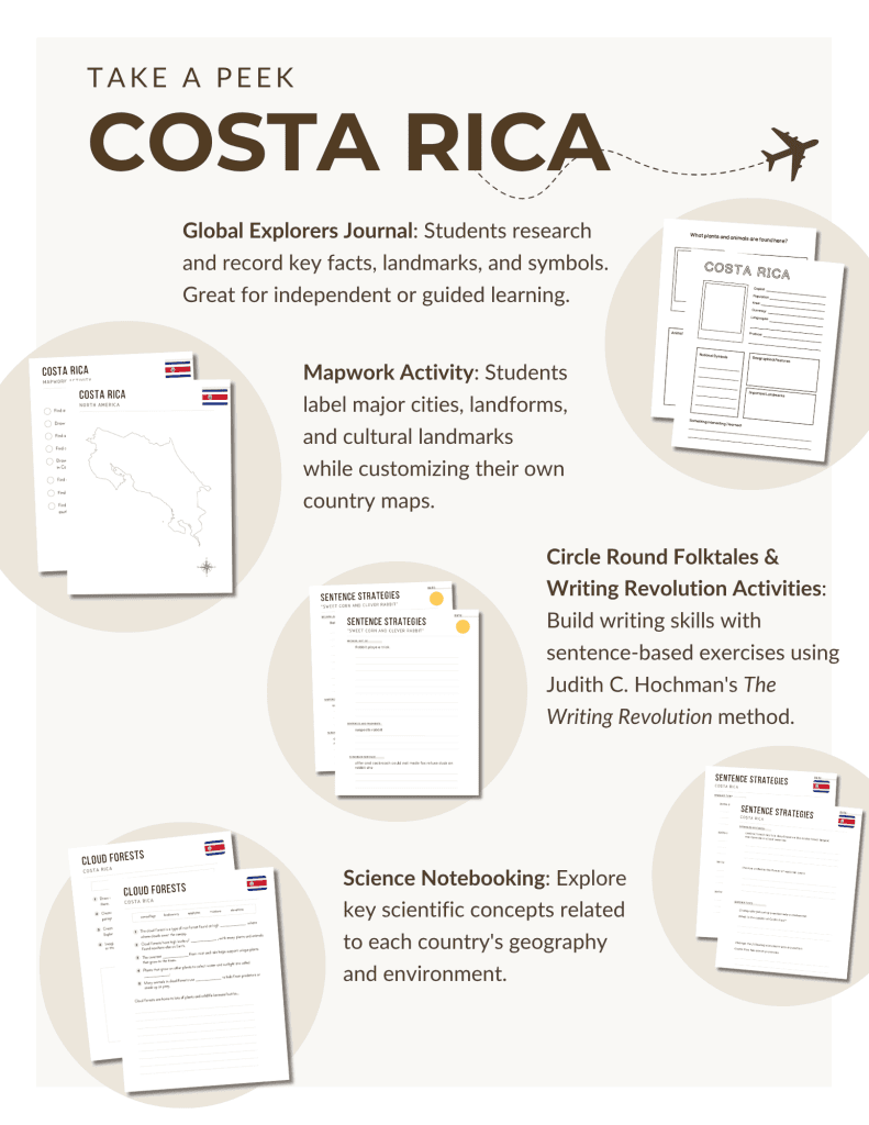 Costa Rica unit study, featuring mapwork activities, notebooking pages, Circle Round folk tales, The Writing Revolution sentence activities, and more