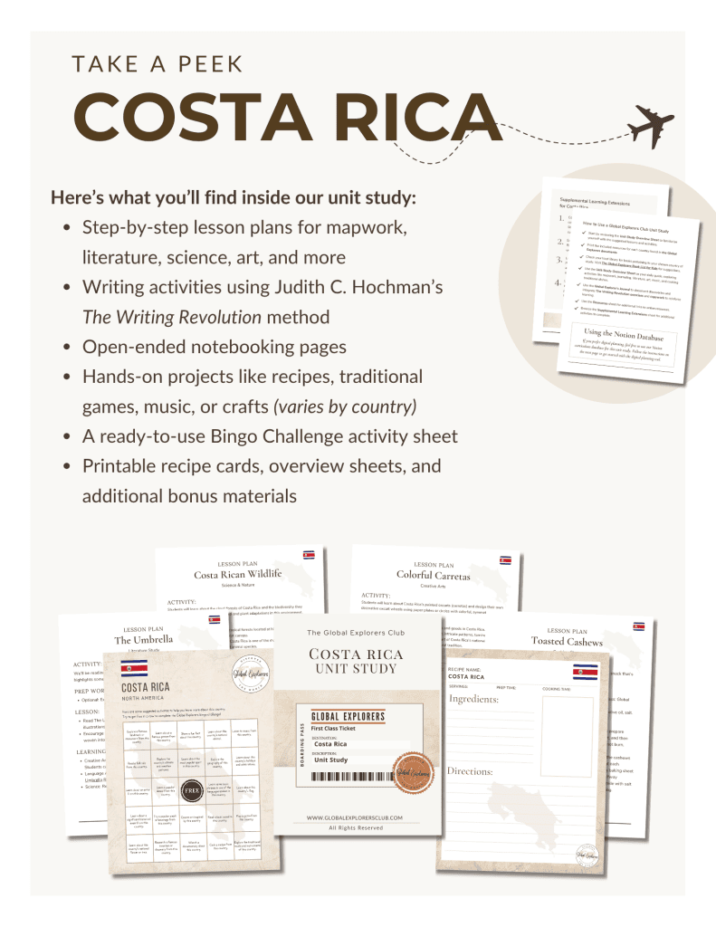 Literature-based Costa Rica unit study, part of the Global Explorers Club's homeschool geography curriculum featuring hands-on cultural activities for kids