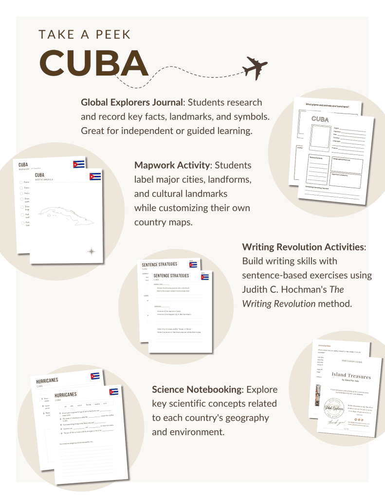 Cuba unit study, featuring mapwork activities, notebooking pages, Circle Round folk tales, The Writing Revolution sentence activities, and more