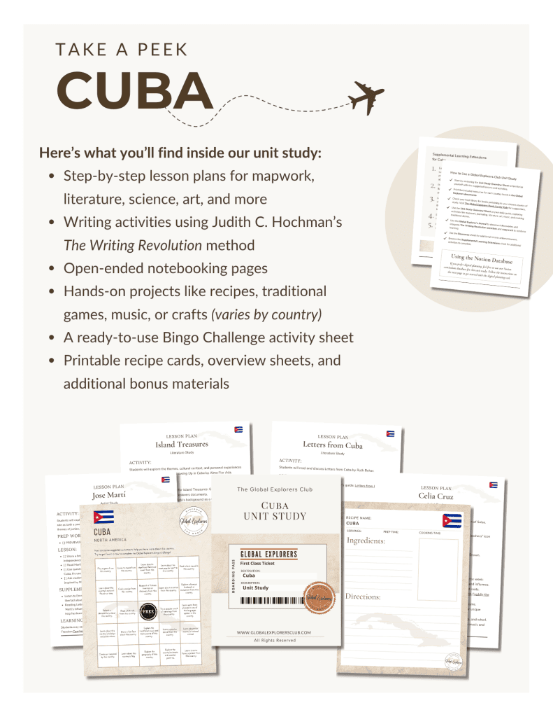 Literature-based Cuba unit study, part of the Global Explorers Club's homeschool geography curriculum featuring hands-on cultural activities for kids