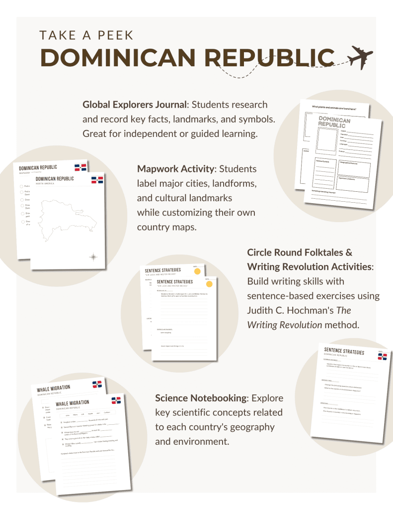 Dominican Republic unit study, featuring mapwork activities, notebooking pages, Circle Round folk tales, The Writing Revolution sentence activities, and more