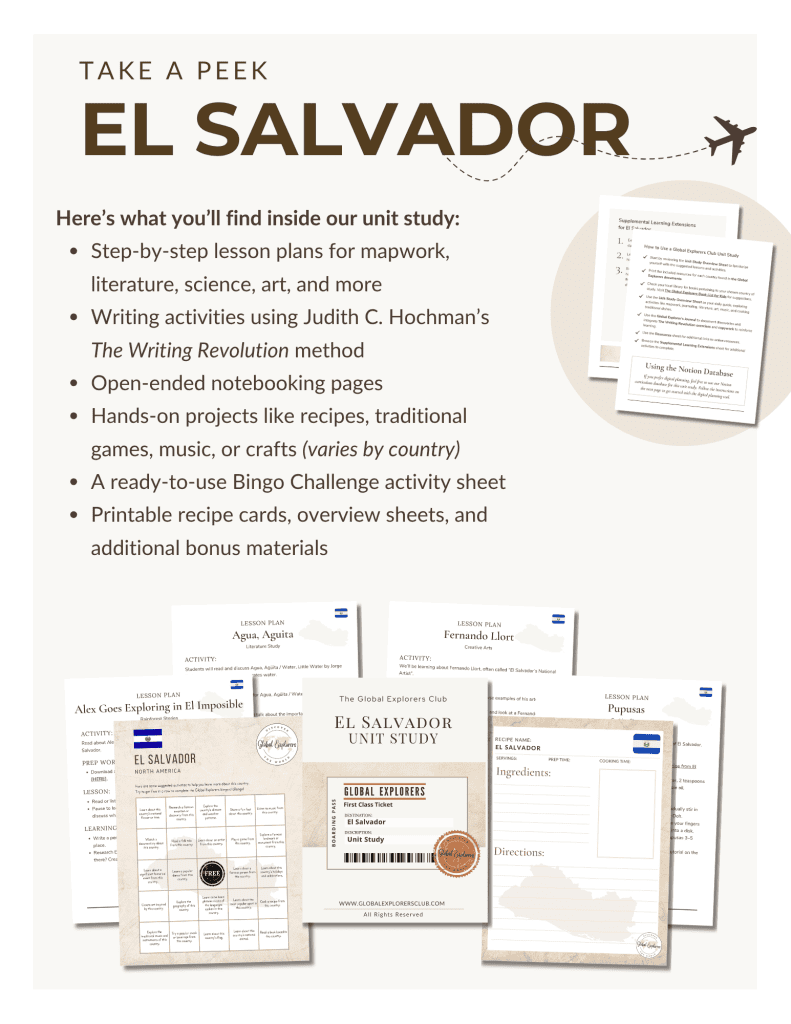Literature-based El Salvador unit study, part of the Global Explorers Club's homeschool geography curriculum featuring hands-on cultural activities for kids