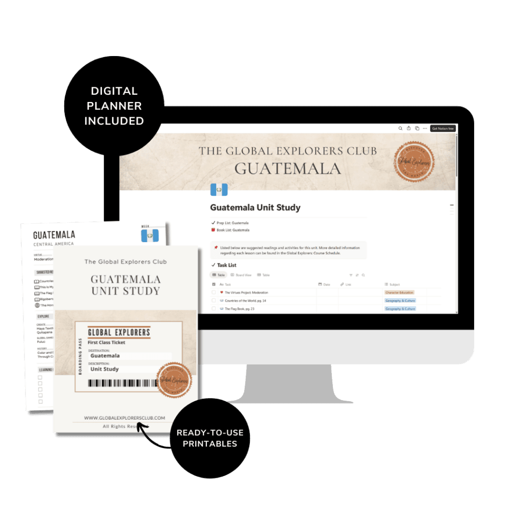 Global Explorers Club: Guatemala Unit Study - Notion planner and PDF lesson plans for geography curriculum