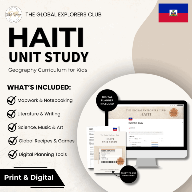 Literature-based Haiti unit study, part of the Global Explorers Club's homeschool geography curriculum featuring hands-on cultural activities for kids