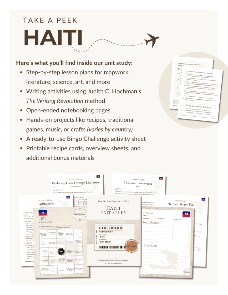Literature-based Haiti unit study, part of the Global Explorers Club's homeschool geography curriculum featuring hands-on cultural activities for kids